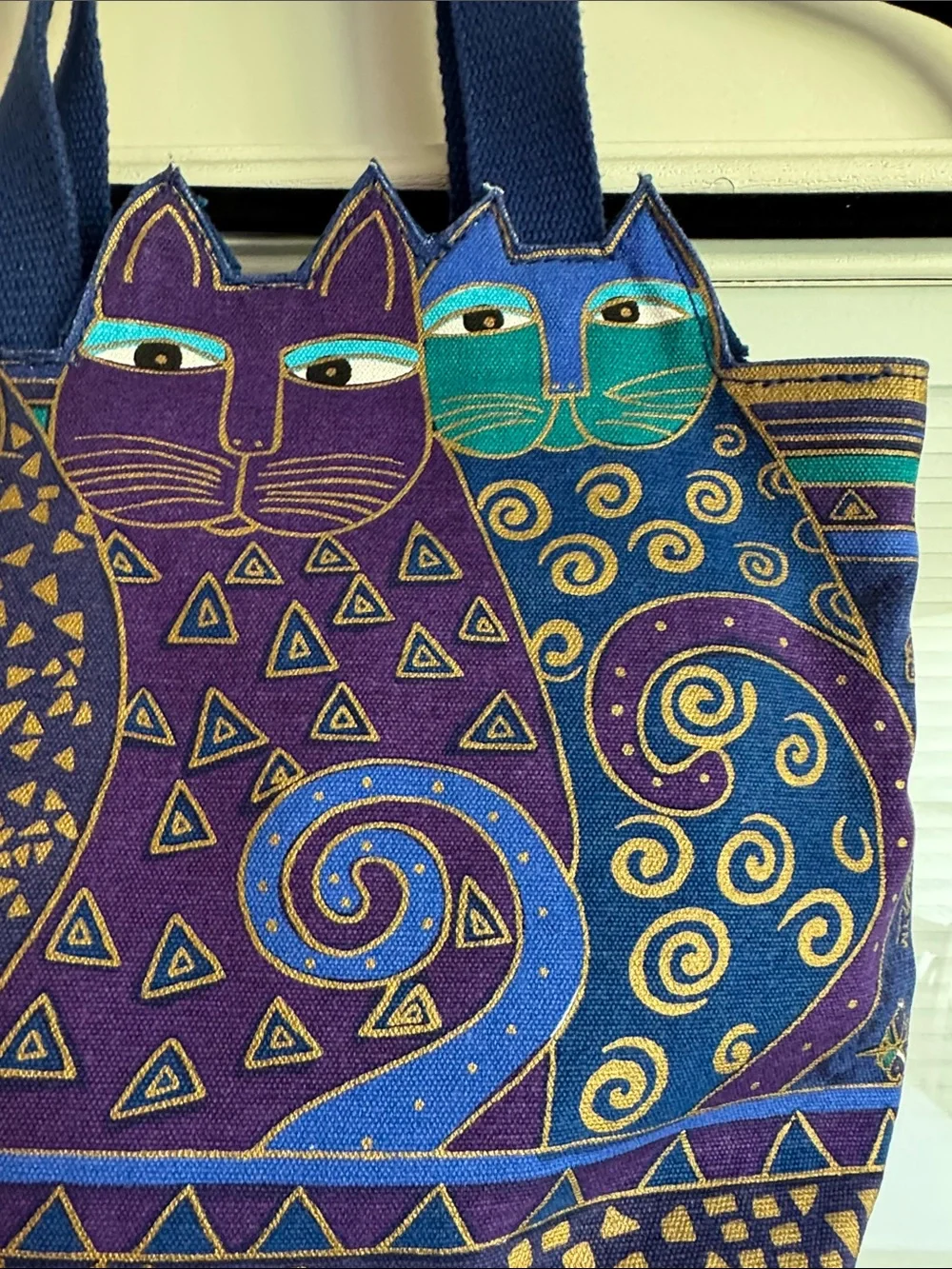 Laurel Burch Whimsical Cat Pattern Shoulder Bag in Blue and Purple
